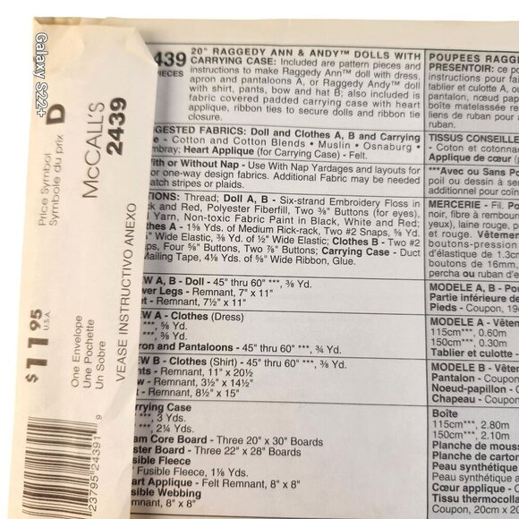 1990s Raggedy Ann & Andy Doll Sewing Patterns Nos. 2439 & 8377 Vintage Collectib - Picture 6 of 10